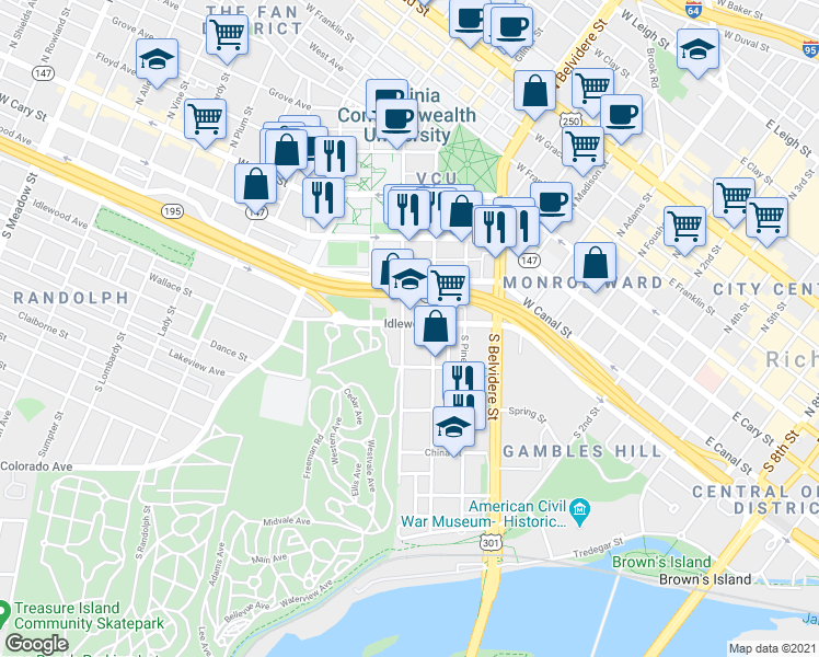 map of restaurants, bars, coffee shops, grocery stores, and more near 227 South Cherry Street in Richmond