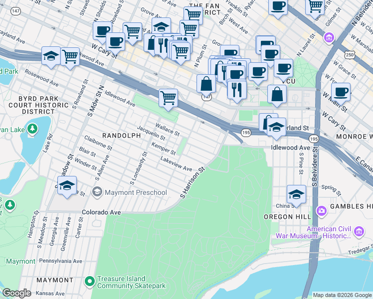 map of restaurants, bars, coffee shops, grocery stores, and more near 501 South Randolph Street in Richmond