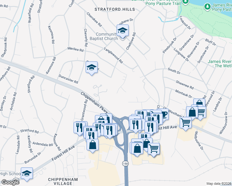 map of restaurants, bars, coffee shops, grocery stores, and more near 3036 Bradwill Road in Richmond