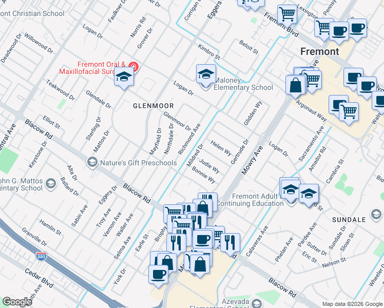 map of restaurants, bars, coffee shops, grocery stores, and more near 4715 Mildred Drive in Fremont