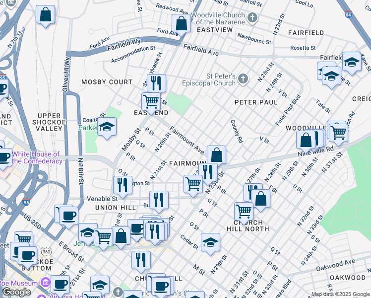 map of restaurants, bars, coffee shops, grocery stores, and more near 1218 North 22nd Street in Richmond