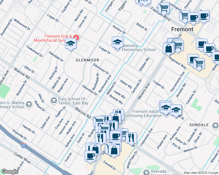 map of restaurants, bars, coffee shops, grocery stores, and more near 4715 Mildred Drive in Fremont