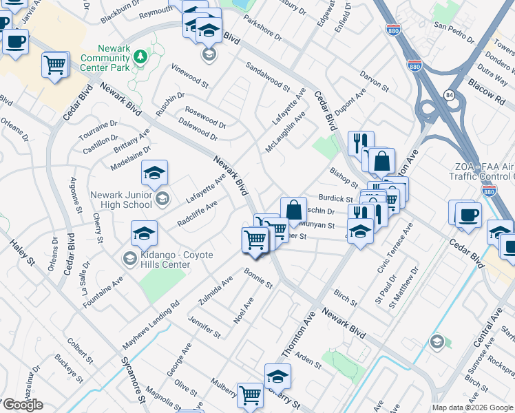 map of restaurants, bars, coffee shops, grocery stores, and more near 36465 Hafner Street in Newark