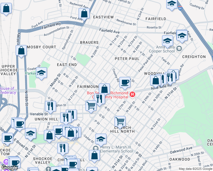 map of restaurants, bars, coffee shops, grocery stores, and more near 2315 T Street in Richmond