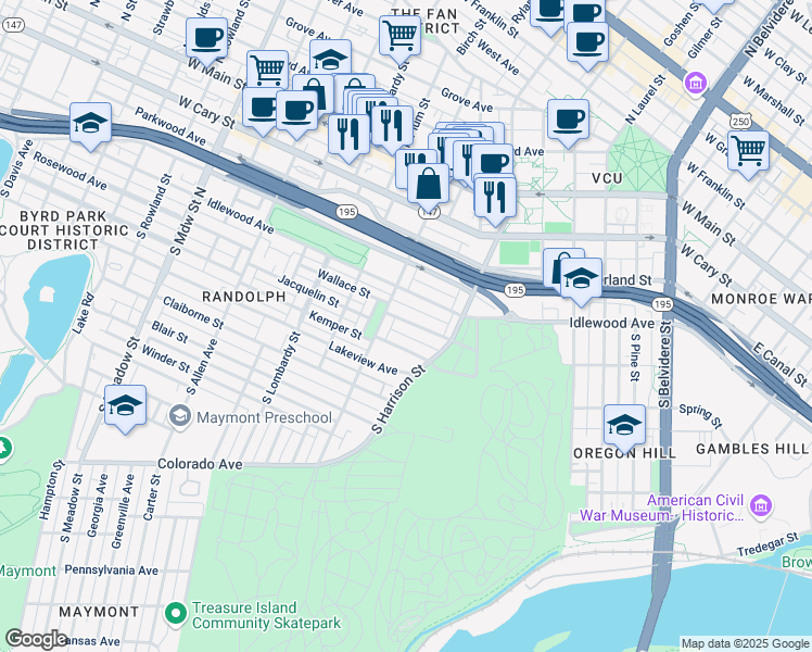 map of restaurants, bars, coffee shops, grocery stores, and more near 1315 Wallace Street in Richmond