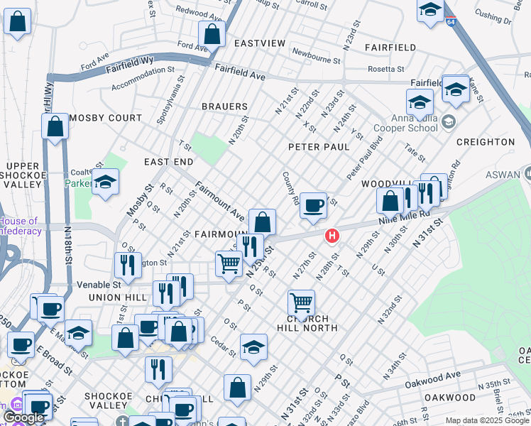 map of restaurants, bars, coffee shops, grocery stores, and more near 2313 T Street in Richmond