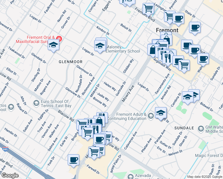 map of restaurants, bars, coffee shops, grocery stores, and more near 38866 Helen Way in Fremont