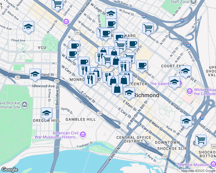 map of restaurants, bars, coffee shops, grocery stores, and more near 206 East Main Street in Richmond
