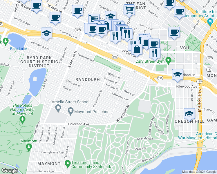 map of restaurants, bars, coffee shops, grocery stores, and more near 1509 Kemper Street in Richmond