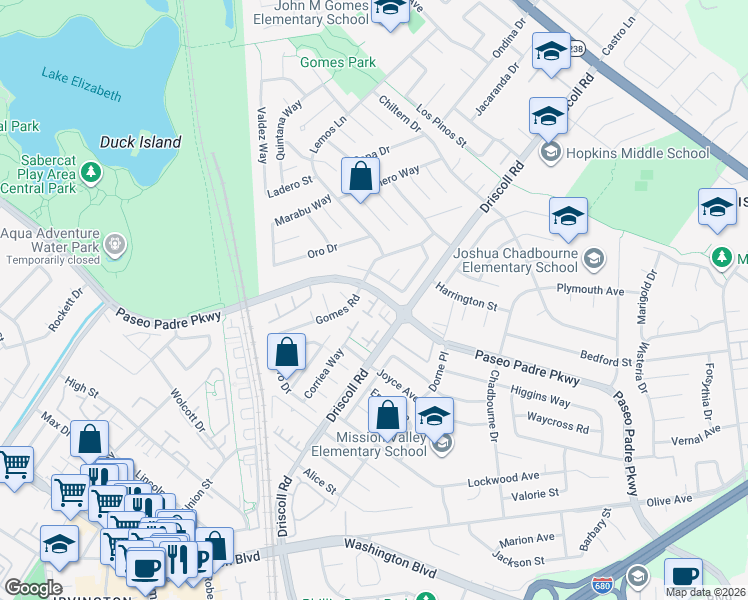 map of restaurants, bars, coffee shops, grocery stores, and more near 1901 Briscoe Terrace in Fremont