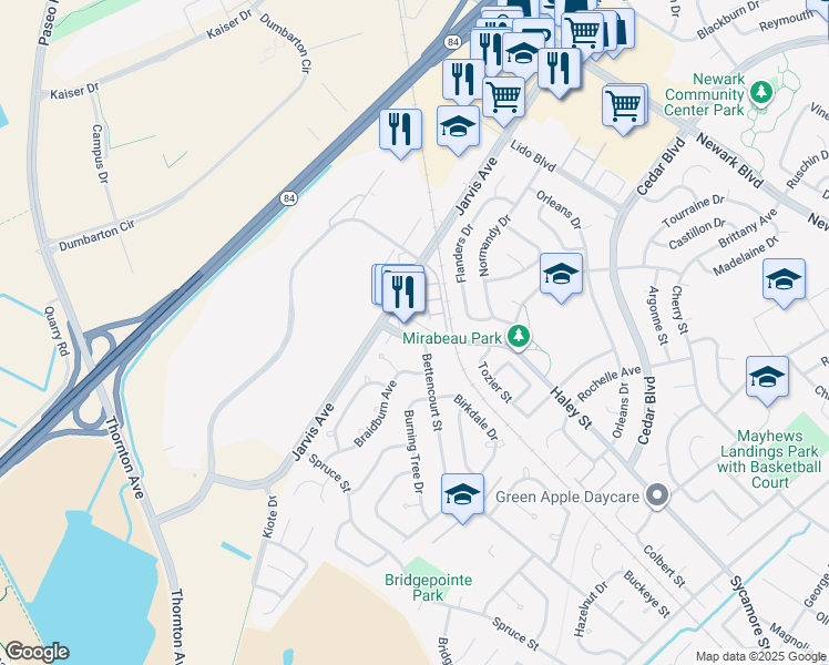 map of restaurants, bars, coffee shops, grocery stores, and more near 35660 Haley Street in Newark