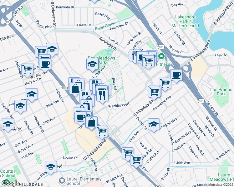 map of restaurants, bars, coffee shops, grocery stores, and more near 3001 Baze Road in San Mateo