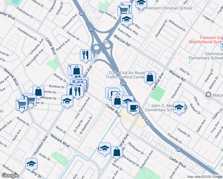 map of restaurants, bars, coffee shops, grocery stores, and more near 5366 Saint Mark Avenue in Newark