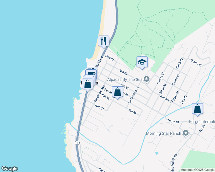 map of restaurants, bars, coffee shops, grocery stores, and more near 308 6th Street in Montara
