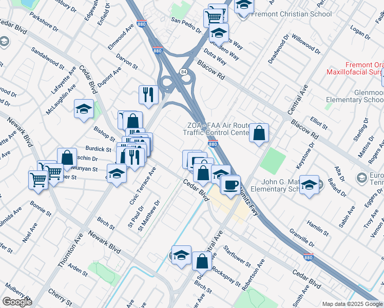map of restaurants, bars, coffee shops, grocery stores, and more near 5365 Saint Mark Avenue in Newark