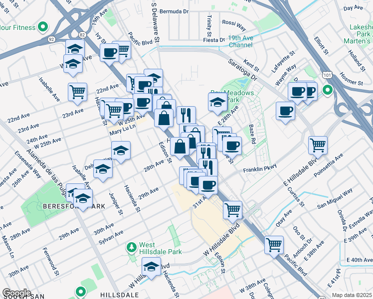 map of restaurants, bars, coffee shops, grocery stores, and more near 2777 S El Camino Real in San Mateo