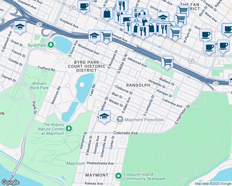 map of restaurants, bars, coffee shops, grocery stores, and more near 1914 Blair Street in Richmond