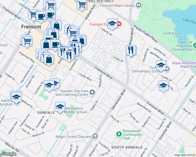 map of restaurants, bars, coffee shops, grocery stores, and more near 39743 Bissy Common in Fremont