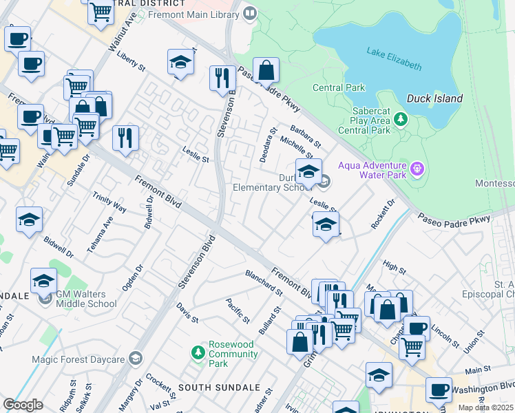 map of restaurants, bars, coffee shops, grocery stores, and more near 3740 Detjen Street in Fremont