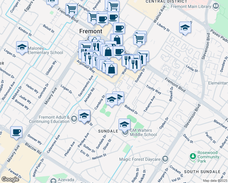 map of restaurants, bars, coffee shops, grocery stores, and more near 4314 Cambria Street in Fremont