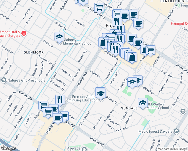 map of restaurants, bars, coffee shops, grocery stores, and more near 4502 Sloat Road in Fremont