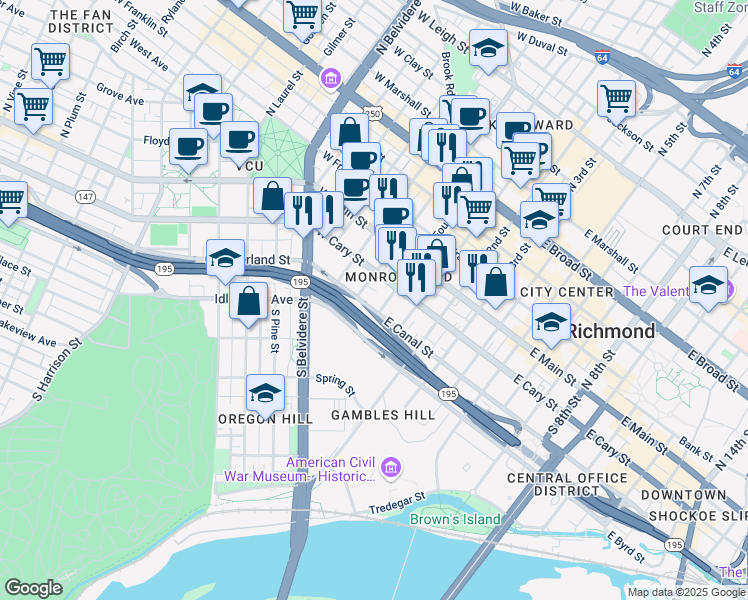 map of restaurants, bars, coffee shops, grocery stores, and more near in Richmond
