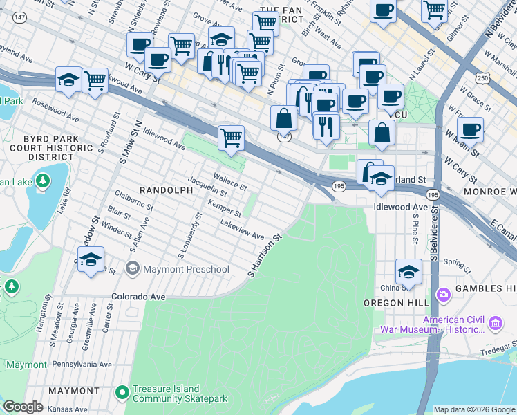 map of restaurants, bars, coffee shops, grocery stores, and more near 501 South Randolph Street in Richmond
