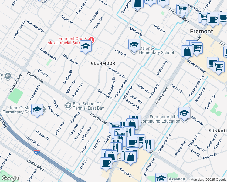 map of restaurants, bars, coffee shops, grocery stores, and more near 4754 Northdale Drive in Fremont