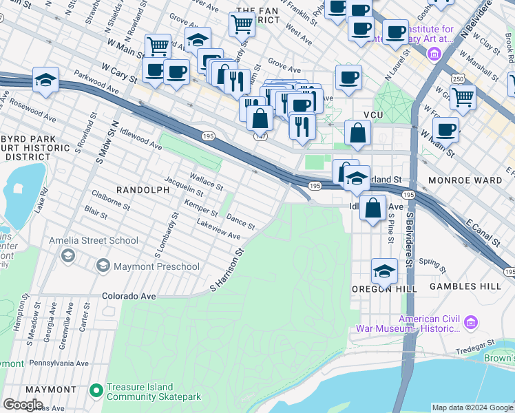 map of restaurants, bars, coffee shops, grocery stores, and more near 1228 Wallace Street in Richmond