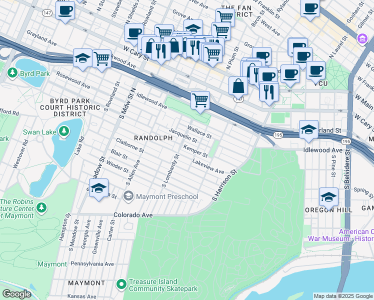 map of restaurants, bars, coffee shops, grocery stores, and more near 1513 Kemper Street in Richmond