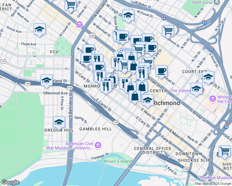 map of restaurants, bars, coffee shops, grocery stores, and more near 2 South 2nd Street in Richmond