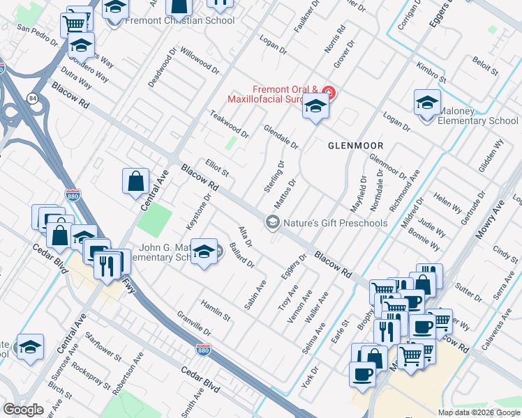 map of restaurants, bars, coffee shops, grocery stores, and more near 4998 Sterling Drive in Fremont