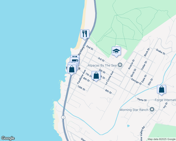 map of restaurants, bars, coffee shops, grocery stores, and more near 308 6th Street in Montara
