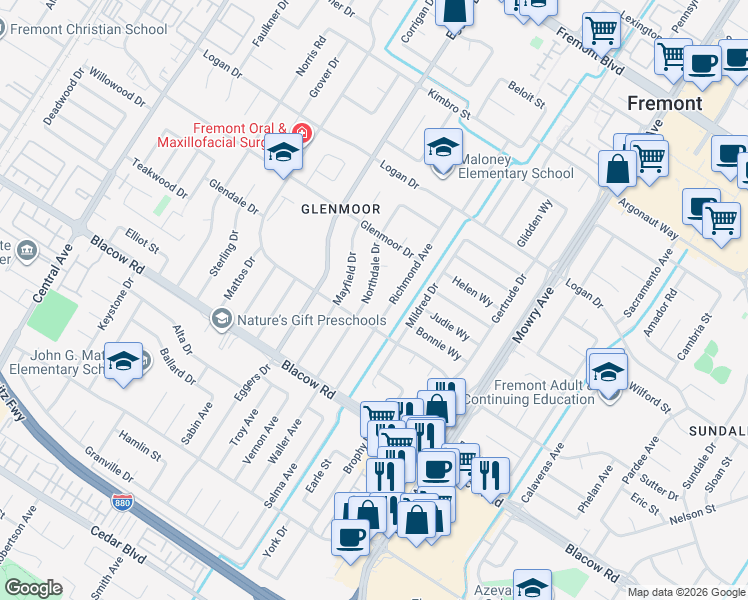 map of restaurants, bars, coffee shops, grocery stores, and more near 4754 Northdale Drive in Fremont