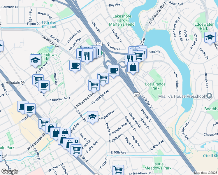 map of restaurants, bars, coffee shops, grocery stores, and more near 413 Poinsettia Avenue in San Mateo