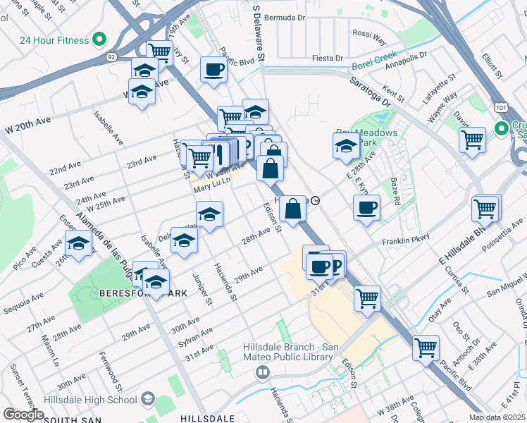 map of restaurants, bars, coffee shops, grocery stores, and more near 31 27th Avenue in San Mateo
