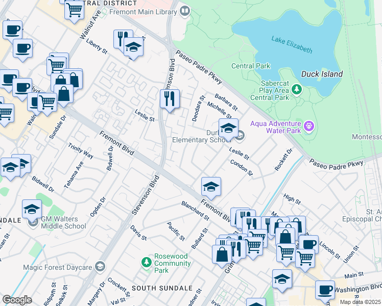 map of restaurants, bars, coffee shops, grocery stores, and more near 3740 Detjen Street in Fremont