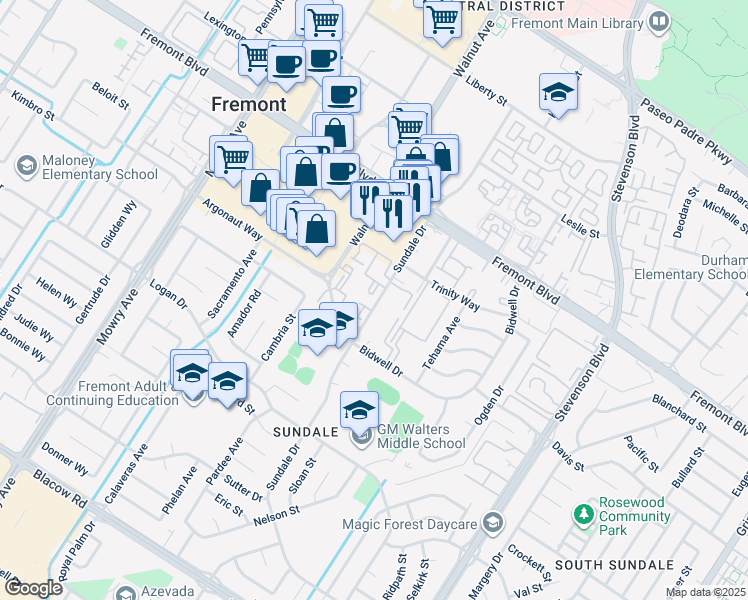 map of restaurants, bars, coffee shops, grocery stores, and more near 39167 Sundale Drive in Fremont