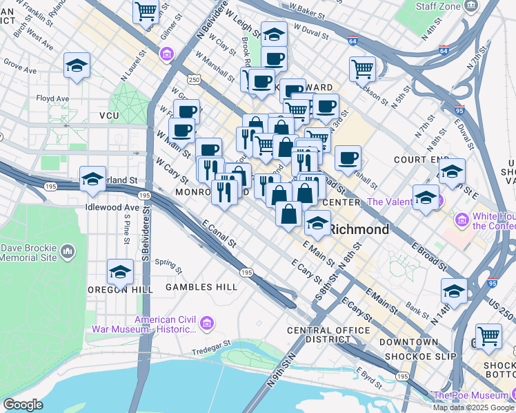 map of restaurants, bars, coffee shops, grocery stores, and more near 206 E Main St in Richmond