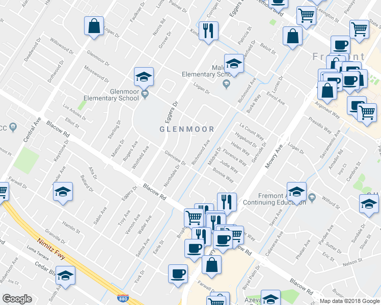 map of restaurants, bars, coffee shops, grocery stores, and more near 4754 Northdale Drive in Fremont