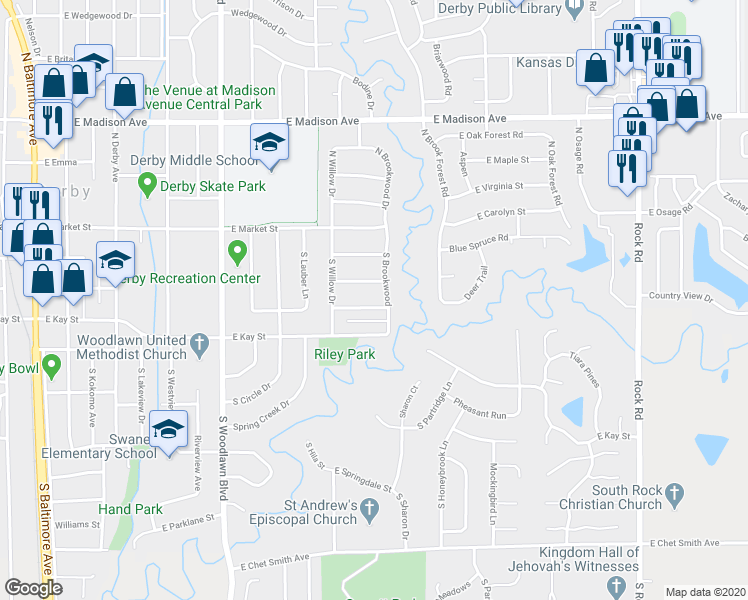 map of restaurants, bars, coffee shops, grocery stores, and more near 1108 East Redwood Road in Derby