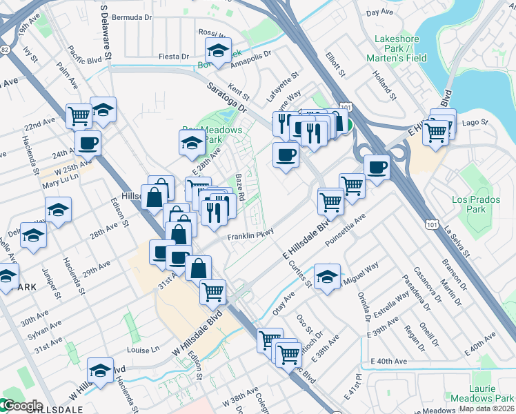 map of restaurants, bars, coffee shops, grocery stores, and more near 3040 Mawing Road in San Mateo