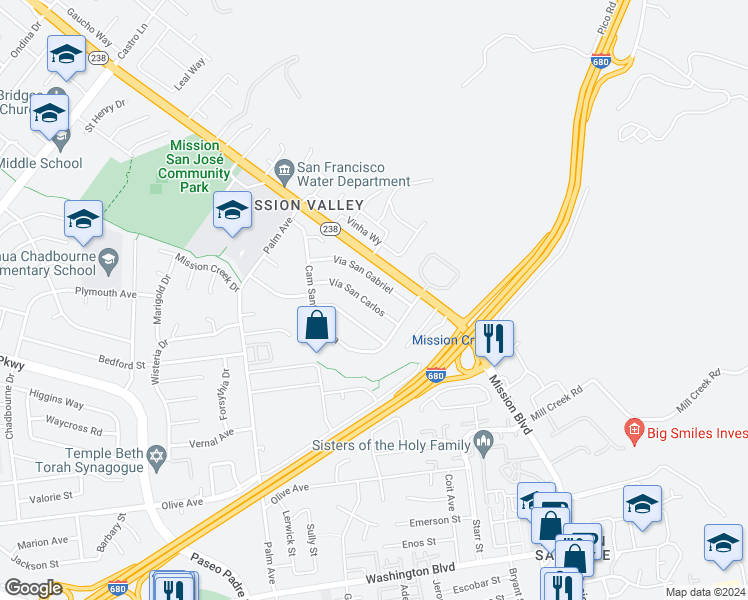 map of restaurants, bars, coffee shops, grocery stores, and more near 42028 Vía San Carlos in Fremont