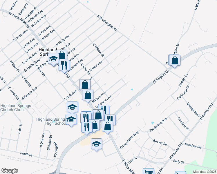 map of restaurants, bars, coffee shops, grocery stores, and more near 110 North Rose Avenue in Highland Springs