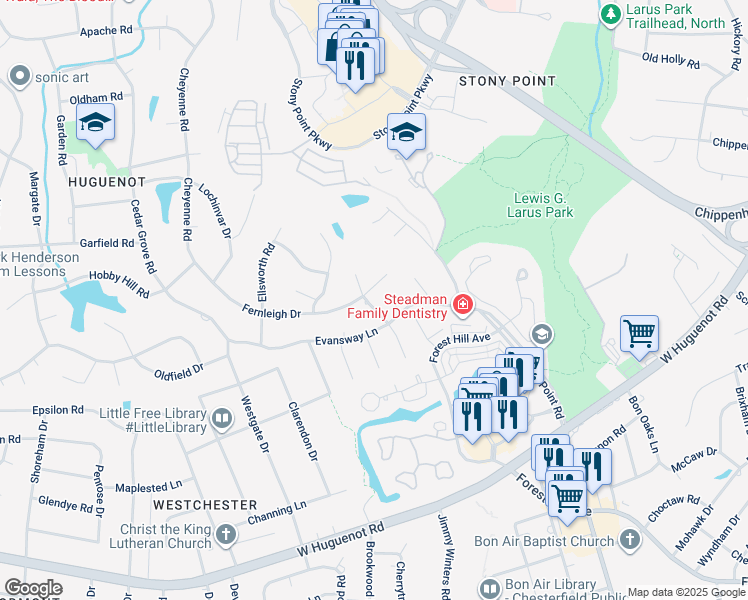 map of restaurants, bars, coffee shops, grocery stores, and more near 9425 Fernleigh Drive in Richmond