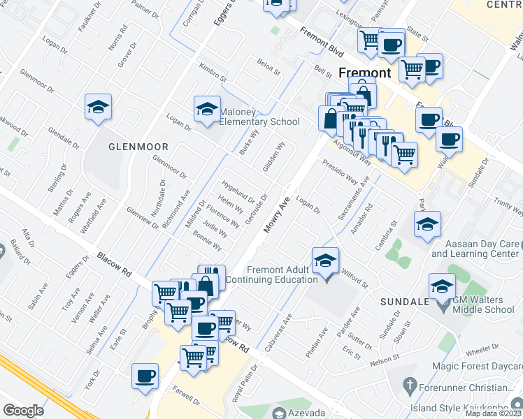 map of restaurants, bars, coffee shops, grocery stores, and more near 4584 Gertrude Drive in Fremont