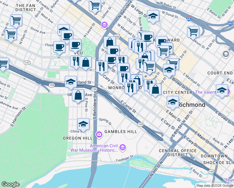 map of restaurants, bars, coffee shops, grocery stores, and more near 8 1/2 West Canal Street in Richmond