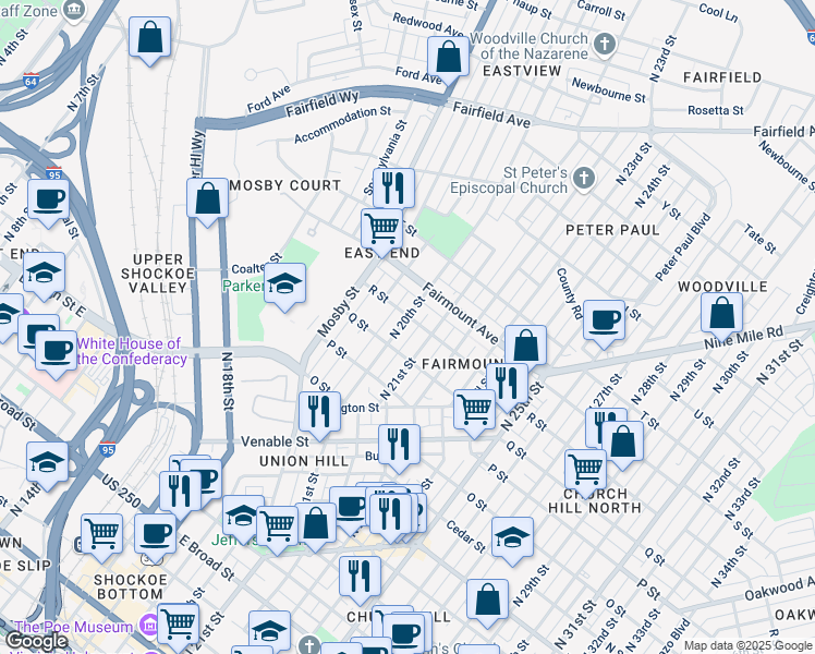 map of restaurants, bars, coffee shops, grocery stores, and more near 2001 R Street in Richmond