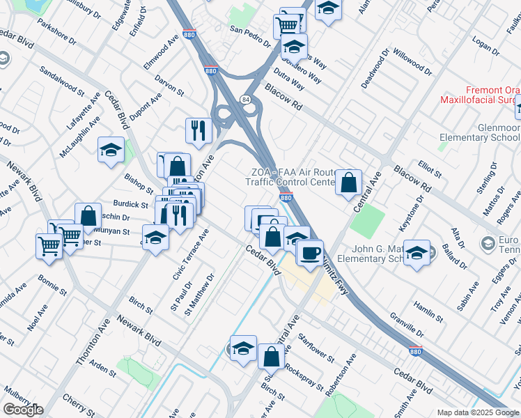 map of restaurants, bars, coffee shops, grocery stores, and more near 5366 Saint Mark Avenue in Newark
