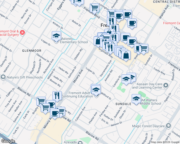 map of restaurants, bars, coffee shops, grocery stores, and more near 4502 Sloat Road in Fremont